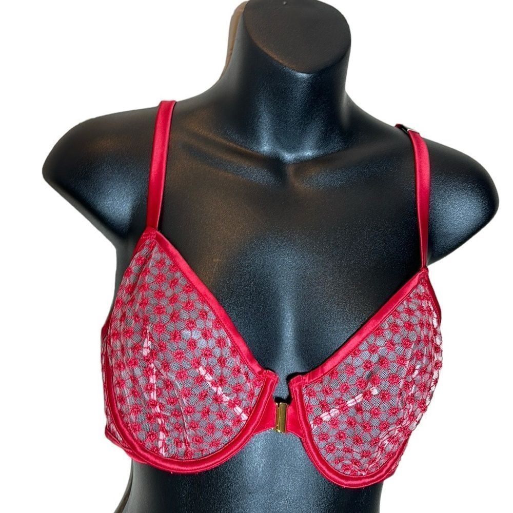 Victoria's Secret Bra Womens 32DDD Red Like New Unlined Demi Floral Strappy Back